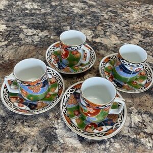 Vintage Andrea by Sadek Tea Cups & Saucers. Set of 4. Orange/Blue/Green